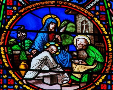 Stained Glass in the Chapel of Notre-Dame-des-flots (1857) in Sainte Adresse, France, depicting the Holy Family with Jesus, Mary and Joseph - Ora et Laboreの写真素材