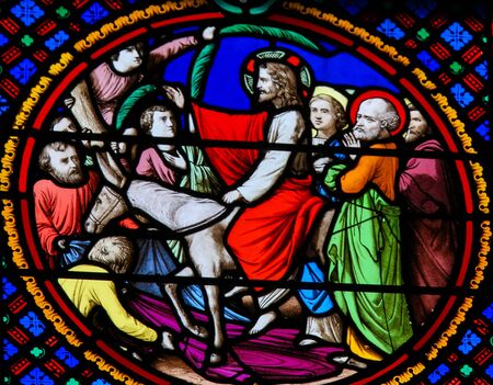 Stained Glass in the Chapel of Notre-Dame-des-flots (1857) in Sainte Adresse, Le Havre, France, depicting Jesus entering Jerusalem on Palm Sunayの写真素材
