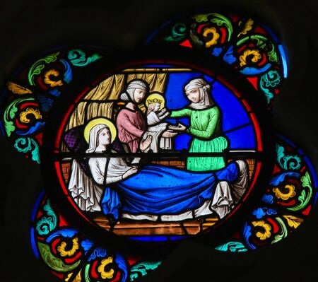 Stained Glass in the Chapel of Notre-Dame-des-flots (1857) in Le Havre, depicting the Nativity of Saint John the Baptistの写真素材
