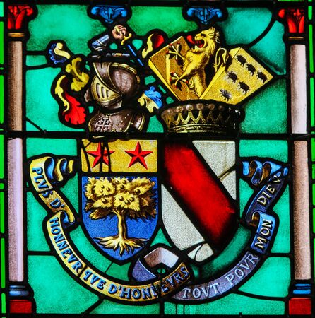 Stained Glass in the Chapel of Notre-Dame-des-flots (1857) in Sainte Adresse, Le Havre, France, depicting a Coat of Armsの写真素材