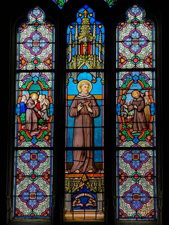 Stained Glass in the Church of St Martin in St Valery sur Somme, France, depicting Saint Francis of Assisiの写真素材