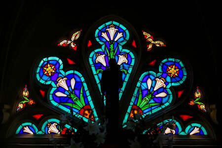 Stained Glass in the Church of St Martin in St Valery sur Somme, France, depicting White Liliesの写真素材