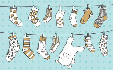 Cute hand drawn cartoon laundry socks hanging on the clothesline. Vector illustration.のイラスト素材