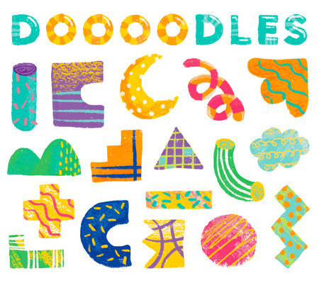 Abstract hand drawn set various shapes and doodle objects illustration. Crayon style design elements.のイラスト素材
