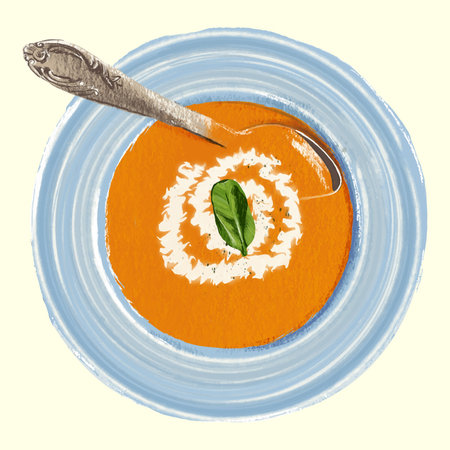 Hand Drawn Tomato Soup with Spoon Isolated. Color Pencil Tomato soup with spoon in blue plate.のイラスト素材