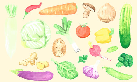 watercolor fresh green vegetables illustration. Isolated veggies of cucumber, mushroom, garlic, onion, broccoli, radish, cabbage, chilli, carrot, tomato, potato, daikon, eggplant,のイラスト素材