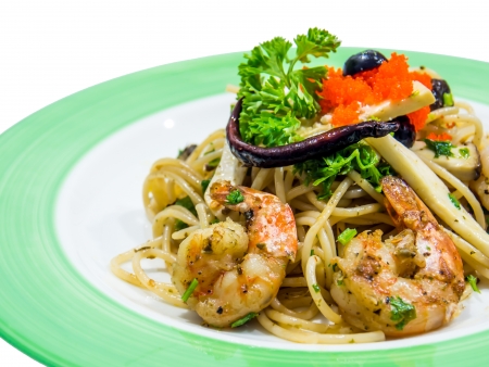 Spaghetti black olive pepper with shrimp   Isolatedの写真素材