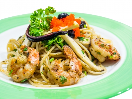 Spaghetti black olive pepper with shrimp   Isolatedの写真素材