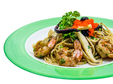 Spaghetti black olive pepper with shrimp   Isolatedの写真素材