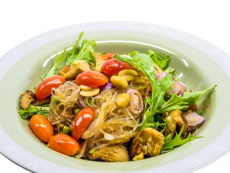 Thai vermicelli with mushroom spicy mixed salad   Isolatedの写真素材