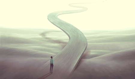 Concept art of  success hope dream way and ambition , surreal landscape painting,  man with floating...