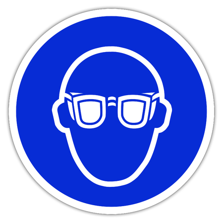 Blue Mandatory Sign isolated on white - Safety glasses and eye protection must be worn - Wearing the glassesの写真素材