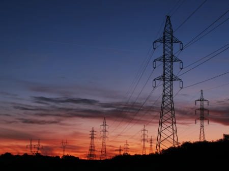 Transmission line at nice colorful dawn