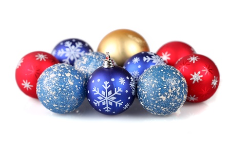 Christmas arrangement with group of baubles on isolated whiteの写真素材