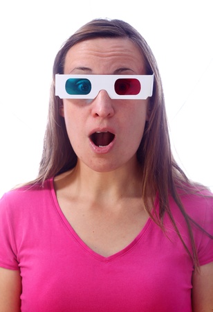 Young woman in 3d glasses with surprised expressionの写真素材