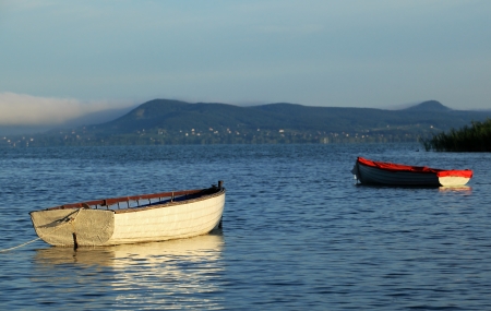 Two boats floating on Lake Balatonの写真素材