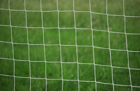 White football net, green grassの写真素材