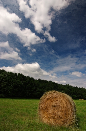 Straw bales with nice cloudy skyの写真素材