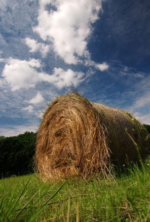 Straw bales with nice cloudy skyの写真素材