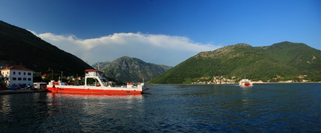 Kotor bay in Montenegro with ferryの写真素材
