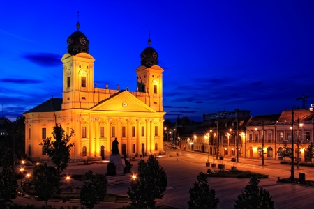 Main square of Debrecen city, Hungary at nightの写真素材
