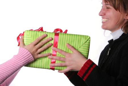 Santa girl give christmas present for her motherの写真素材