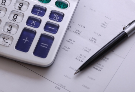 Calculator bill and pen, business and financial issueの写真素材