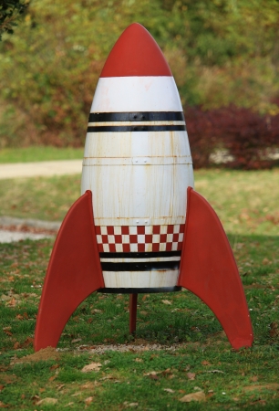 Rocket shaped barrel in gardenの写真素材