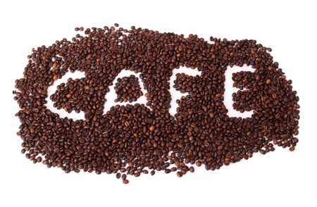 Cafe text in coffee beans on isolated whiteの写真素材