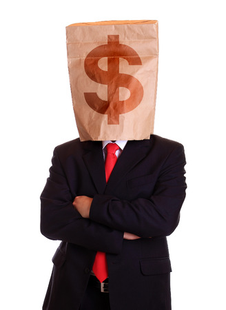 Business man bag on head with dollar signの写真素材