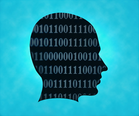 Profile of silhouette against blue background with digital numbersの写真素材