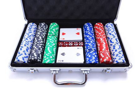 Poker set isolated on white suitcaseの写真素材