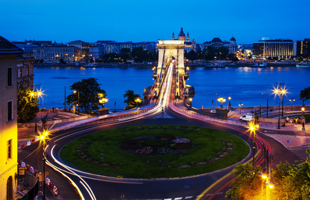 Chain Bridge in Budapest, Hungary at nightの写真素材