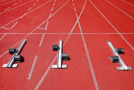 Detail of athlete's lanes with starting blocksの写真素材
