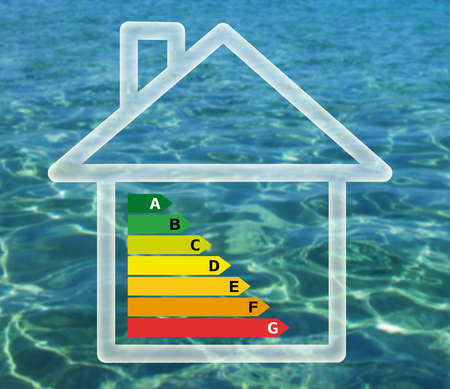Energy efficiency chart in house against water backgroundの写真素材