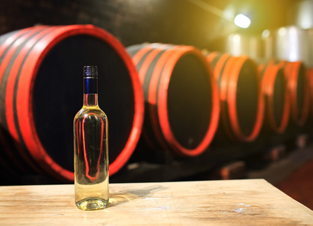 Wine barrels in wine-vaults in order with glass of wineの写真素材