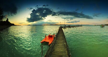 Lake  Balaton at twilight panorama viewの写真素材