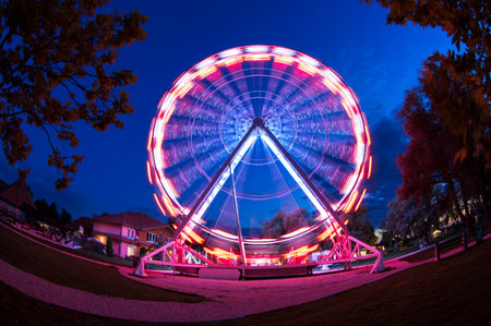 Ferris wheel go around at Lake Balaton at nightの写真素材
