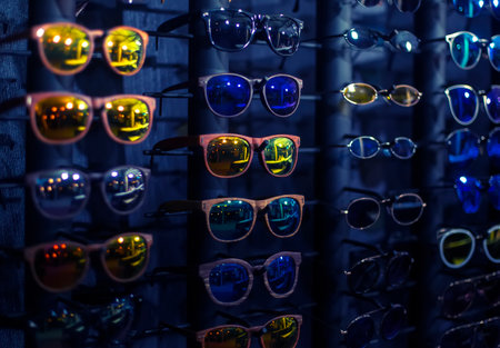 Many of various sunglasses in storeの写真素材