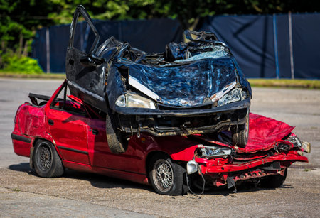 Two wrecked cars on each otherの写真素材