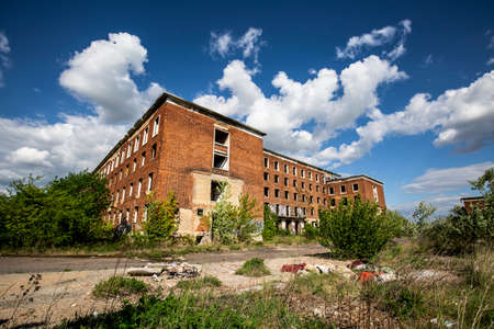 Abandoned brick building at blue skyの写真素材