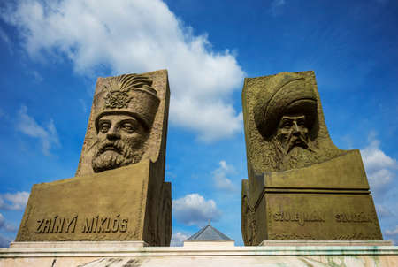 Szigetvar, Hungary, March 15. 2021: Huge portrait statue of Miklos Zrinyi and Suleiman the Magnificentのeditorial素材