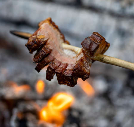 Bacon on skewer roasted at fireの写真素材