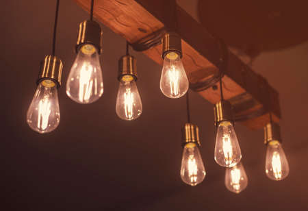 Retro light bulbs hang on ceiling