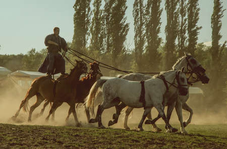 Hungarian horseman ride five horses. He wears the traditional Hungarian national costume for the horse show, SALFÃLD, HUNGARY - AUGUST 10, 2005.のeditorial素材