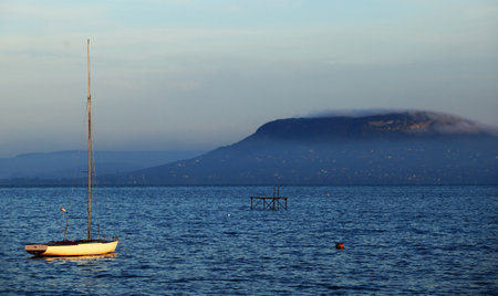 Single sailing boats on Lake Balatonの写真素材