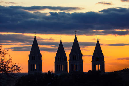 Four towers of Christian cathedral in Pecs, Hungary