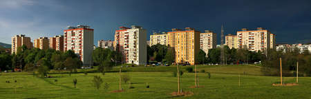Ex-soviet concrete block houses in panorama view, eastern-europe Pecs, Hungaryの写真素材