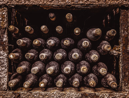 Stack of wine bottles in cellarの写真素材