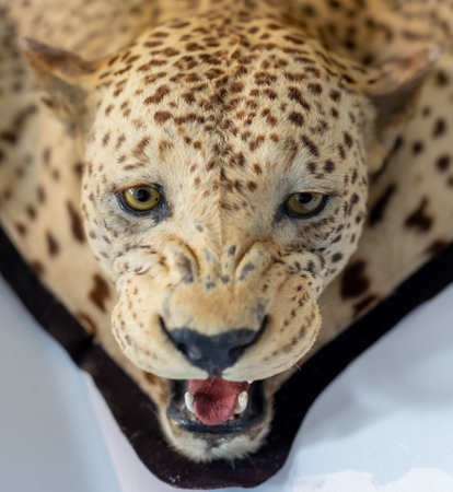 Head of stuffed leopard on floorの写真素材